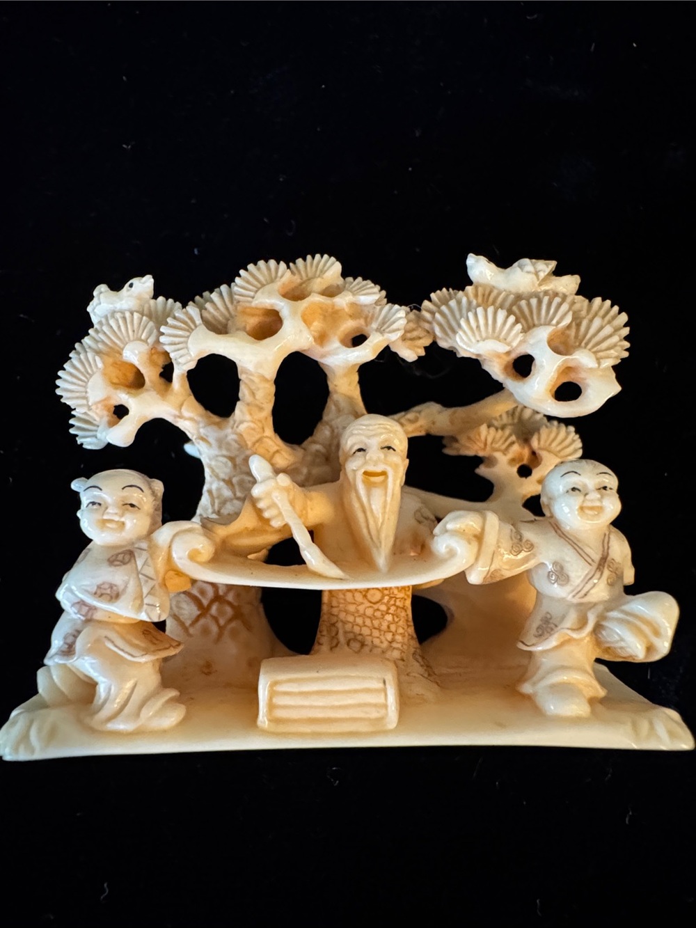 Vintage Faux Ivory (Resin?) Netsuke of Elder & 2 Children Under Pine Trees